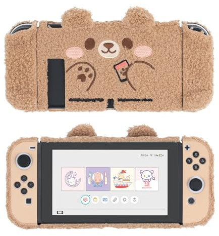 GeekShare Coque de Protection en Peluche Mignonne Compatible avec Switch et Joy Con - Absorption des Chocs et Anti-Rayures - Ours en Peluche
