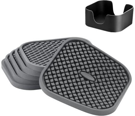 Set of 6 Silicone Drink Coasters with Holder - Deep Grooved, Absorbent, Large 4 inch Square Cup Mat - Perfect for Hot and Cold Drinks(Square -Grey)