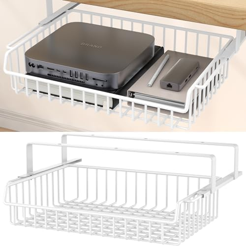 ENONCI Under Desk Drawers, Self-Adhesive Under Desk Storage Drawers, Metal Hidden Desk Organizer Box Pull Out, Large Capacity Desk Drawer Organizer for Office Home School (White)