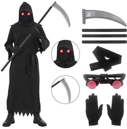 Udekit Costume de Cosplay de Carnaval d'Halloween de Faucheuse avec Faux de la Mort, Gants， des Lunettes Lumineuses et un Masque pour Enfants de 7 à 10 Ans