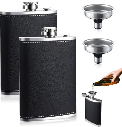 yotutun Fiaschetta per Liquori, 2 Pezzi 8 oz/227 ml Fiaschetta in Acciaio Inox con Imbuto fiaschetta in Pelle Nera Portatil Fiaschetta Tascabile per Liquori e Alcolici Vari