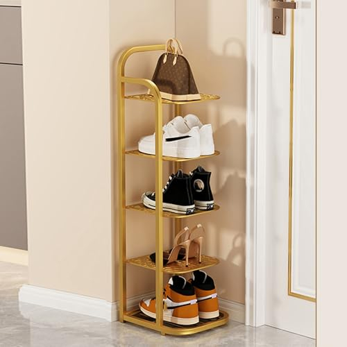 PERTID 10-Stufiger Robuster Schuhregal Metall, Schmale Schuhregal Platzsparend, Schuhregal Schwarz, Schuhschrank, Schuhaufbewahrung (Color : Gold, Size : 5-Tier)