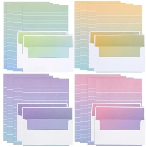 KSIWRE Watercolor Stationery Set with Envelopes, 16 Lined Paper Sheets + 8 Envelopes, Gradient Colors Stationery Paper for Writing Letter Poems Invitations Best Wishes