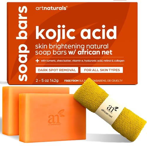 Kojic Acid Soap + African Net Sponge (2 pack X 142g Turmeric bars) Dark spot remover, Hyperpigmentation & Scars - Original Japanese Complex Vitamin C, Hyaluronic Acid, retinol, shea butter (Citrus)