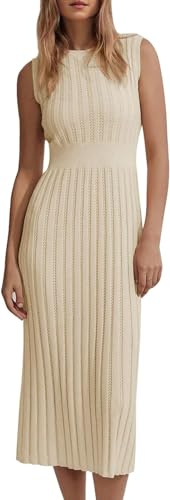 Saodimallsu Abito da donna estivo senza maniche, abito midi, da spiaggia, tank, sexy, per feste, abito aderente, tinta unita, abito in maglia, abito casual, per il tempo libero, beige., M