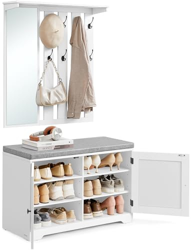 VASAGLE Schuhbank Wandgarderobe Set, Garderobe mit Spiegel, 8 Doppelhaken, Schuhschrank mit verstellbaren Ablagen, Doppeltüren, Sitzbank, Sitzpolster abnehmbar, 81 cm breit, wolkenweiß LSC010W01