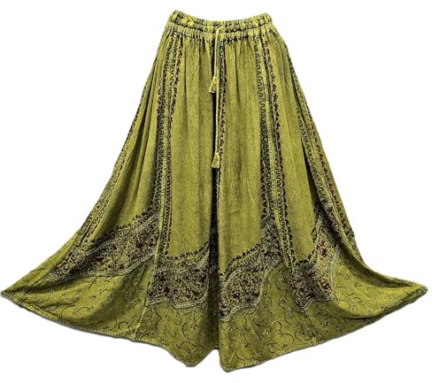 Doorwaytofashion dam viskos maxikjol, utsvängd med sidfickor, elastiskt midjeband, dragsko, broderad, en storlek passar UK 12-22, Mossa, En Storlek