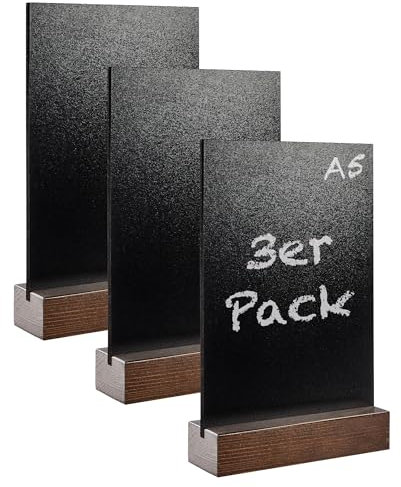 SPRINTIS Tischaufsteller Kreidetafel A5 mit Holzfuß aus Eiche, 3 Stück, doppelseitige Tisch Kreidetafel nur für Kreidestifte, ideal für Gastronomie und Events