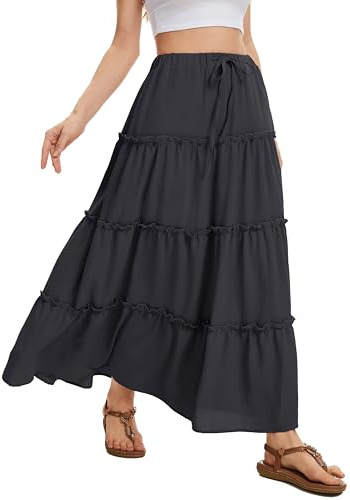 WUWUSKY Women's Skirts Elastic High Waist Flowy Maxi Skirt Summer Casual Elasticated A Line Skirts with Pockets