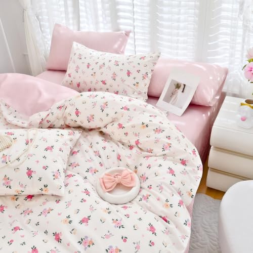 Michorinee Housse de Couette 140x200 Blanc et Rose Fleurs Feuilles Vert Coton Parure de lit Vichy à Carreaux Adulte 1 Personne Parure Housse Couette avec Fermeture éclair et 1 Taie d'oreiller 65x65
