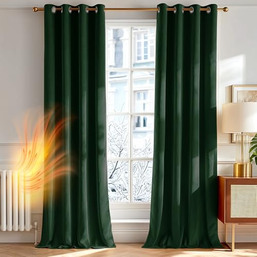 Deconovo Cortinas Elegantes de Interior de Terciopelo – Juego de 2 Paneles Modernos con Ojales, Decorativas para Ventanas de Dormitorio, Salón y Estancia, 140×240 CM, Verde Oscuro