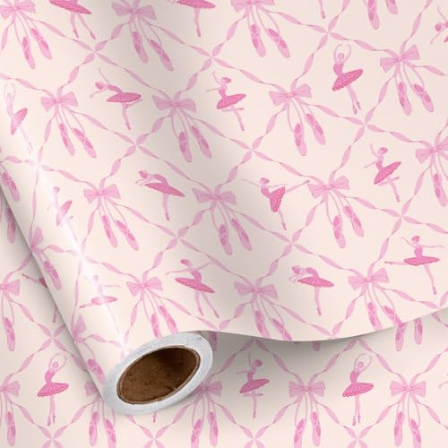 RUSPEPA Mini-Ballett-Geschenkpapierrolle - Rosa Ballerinaschuhe und Schleifenmuster, ideal für Mädchen, Tanzfans, Ballet-Geburtstagsfeiern, Abschlussfeier-Geschenke, Babypartys, 43,2 cm x 5 m