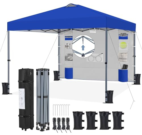 Yaheetech 3 x 3 m sidovägg popup-tält med 9 förvaringsfickor, justerbar höjd 1 hjulväska 4 sandsäckar för strand, innergård, camping och trädgård (blå, 3 x 3 m)