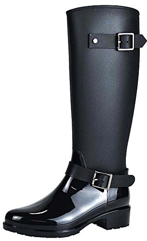Jamron Mujer Elegante Nieve Lluvia Festival Wellies Altos Ajustable Correa de Hebilla Rodilla Alta Cremallera Botas Wellington Negro SN02006 EU39.5