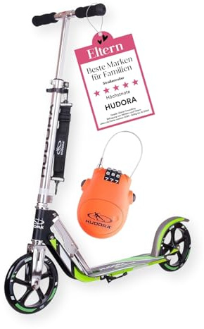 HUDORA BigWheel 205 Scooter mit/ohne Kabelschloss - Stabiler Aluminium-Roller - Höhenjustierbarer & zusammenklappbarer Cityroller mit Ständer - Kinder- & Erwachsenenroller für bis zu 100kg