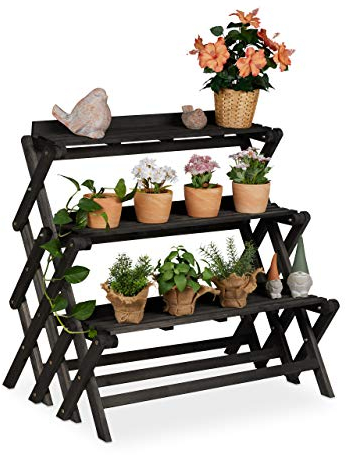 Relaxdays, schwarz Blumentreppe, innen & außen, 3 Ebenen, klappbar, freistehend, Pflanzentreppe, Holz, 85,5 x 90 x 55 cm, 1 Stück