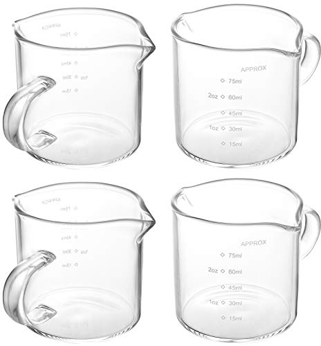 Yarlung 4 Pack Glass Measuring Cups with Double Spouts, Shot Glasses Triple Pitcher for Milk, Espresso, Coffee, Graduated 75ml / 2.5 Oz