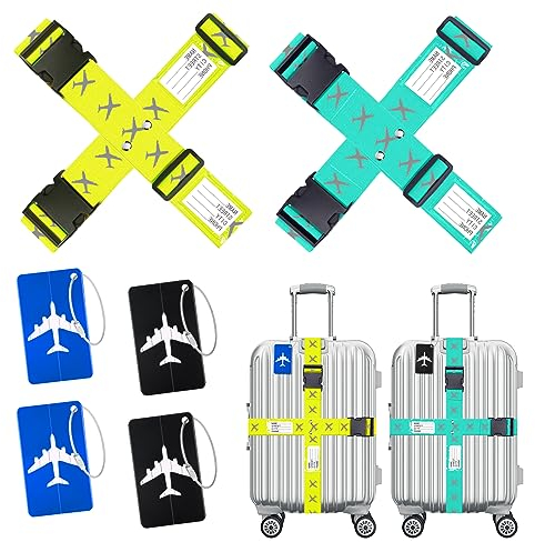 Flintronic Koffergurt Kofferband, 4 Stück Einstellbare Kofferband + 4 Stück Kofferanhänger, mit Namensschild & Adressschild, für Gepäckband zum Reisen & Fliegen