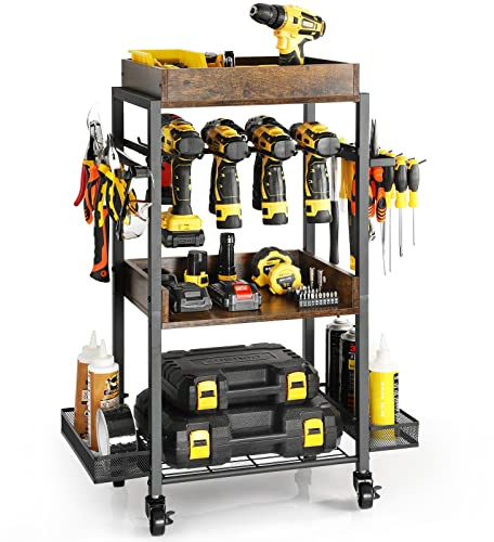 Olakee Power Tool Organizer Garage Storage Organization Shelving Tool Holder Drill Rack Shelf Rolling Cart Open Tool Chest Cabinet Box Organizer with Wheels Workshop Garage Gift Ideas for Men Dad