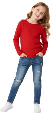 LUXFAB Kids Girls Boys New Plain Long Sleeve Basic Stretch Round Neck T-Shirt School Tee Top Size 2-13 Years Red