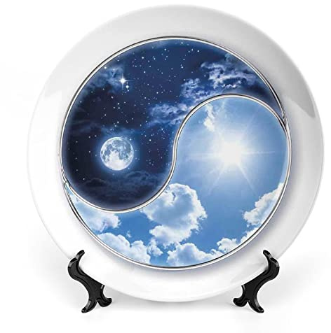 8 Inch Decorative Plate,Yin Yang World Round Porcelain,Moon and Sun Harmony of the Universe Art Print Ornament Display Plate for Dining Table Setting, Wedding Decorations, Christmas Tablescape