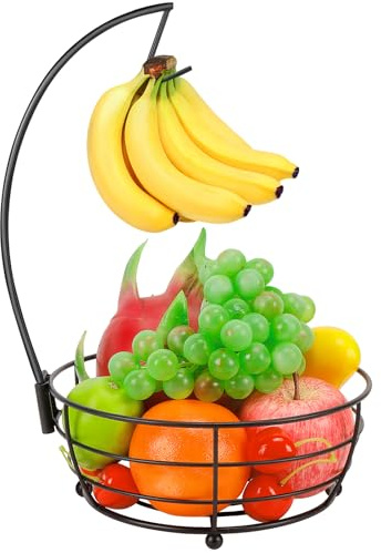 Livabber Countertop Fruit Basket Bowl with Banana Hanger, Modern Standing Fruit Vegetable Bowl Storage, with Banana Tree Holder for Kitchen Dinning Table (Round Metal, Black)