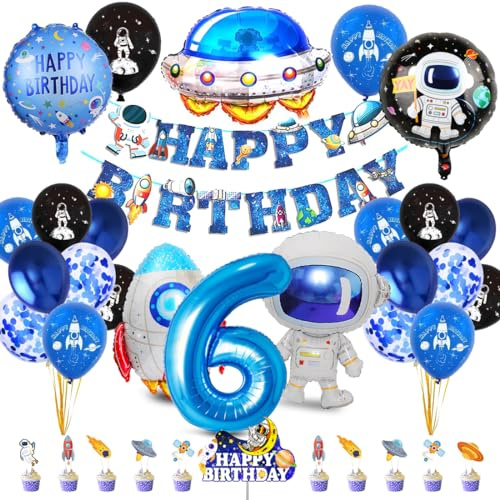 Rymdbarnfödelsedag, dekoration, födelsedagsdekoration 6 år pojke, rymddekoration födelsedag 6, astronaut folieballong, ballong rakett, tårtdekoration, rymden för 6 år, barn, födelsedagsfest