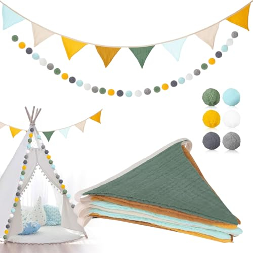 2 Stück Wimpelkette Kinderzimmer & Outdoor Girlande - Stoff Wimpelkette mit Filzkugeln - Babyzimmer & Hausbett Deko für Mädchen & Jungen