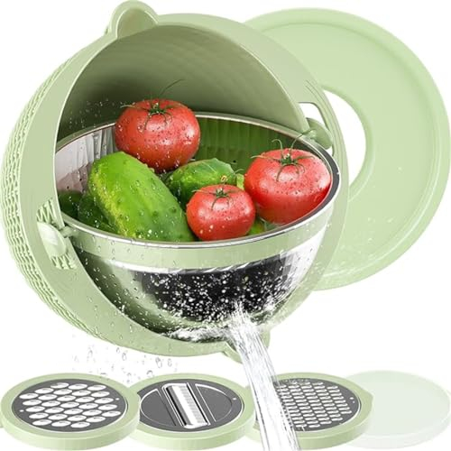 XXWZJH 4-1 Colander with Mixing Bowl Set, Food Strainers and Colanders for Kitchen,Fruit Cleaner, Salad Spinner, Strainers for Kitchen (Green)