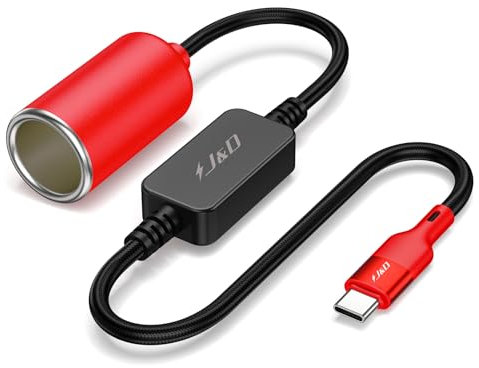 J&D Câble Convertisseur USB C Mâle vers Prise Allume-Cigare 12V, Câble d'alimentation 12V 18W pour Dash Cam, GPS, Bandes Lumineuses LED de Voiture, Rouge, 35.5 cm