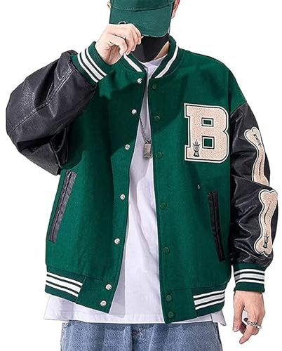 SPSMOKH Giacca da uomo Varsity College, giacche da baseball, giacche hip hop, blocchi di colore osso peloso Streetwear motivo patchwork, cappotti da baseball da uomo, bomber aviatore (verde, XL)