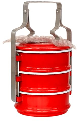 UNCLEJUM Thai Enamel Food Carrier Container 3 Tier, Lunch box Tiffin box 20cm Picnic box, For on-the-go meals (Red)