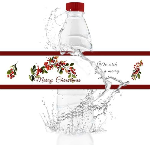 URROMA 50 Etichette per Bottiglie d'Acqua con Agrifoglio Rosso, Adesivi per Bottiglie d'Acqua, Impermeabili, per Decorazioni Natalizie