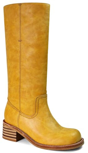 UBWDU Women's Knee High Boots Chunky Block Heel Long Boots Square Toe Low Heel Boots for Women, Yellow, 5 UK