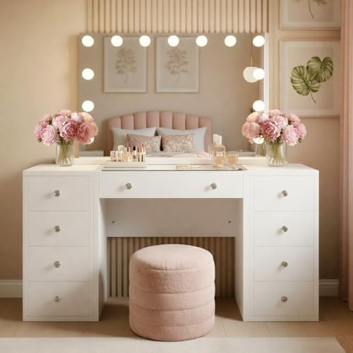 CLP Tavolo da toilette Tiline con specchio Hollywood I Tavolo cosmetico con illuminazione a LED I Tavolo con 9 cassetti e porta USB, Colore:bianco