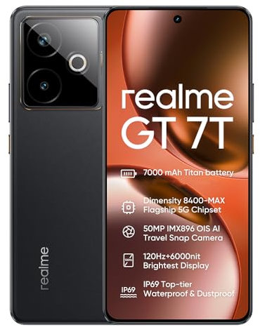realme GT 7T 5G Smartphone,Batería 7000mAh,Dimensity 8400-MAX,Cámara 50 MP+32 MP,120Hz 6.78 Pantalla,12GB+256GB Telefono Movil,Dual SIM Android 15,NFC IP69, Sin Cargador,Negro