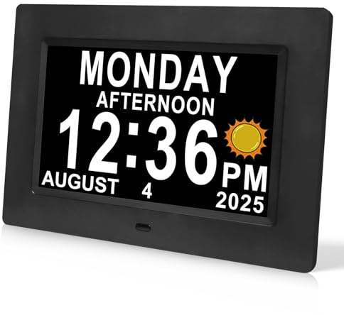 Jaihonda Orologio digitale con calendario demenza con giorni e date e ora del giorno per anziani con icone sole/luna+15 sveglie+telecomando orologio digitale per anziani