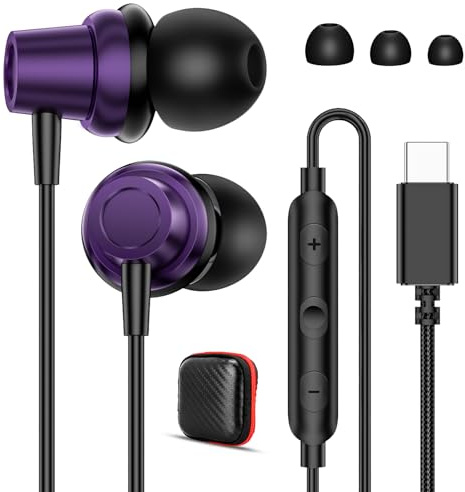 Auriculares con cable USB C con micrófono y cable sin enredos, sonido estéreo de alta fidelidad, ergonómicos, cómodos, tipo C, auriculares intraurales para iPhone 17, Google Pixel 10, Samsung Galaxy