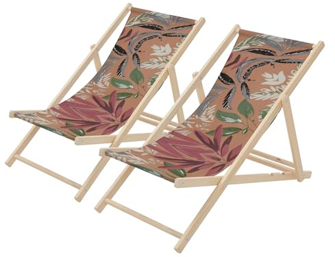 ECD Germany 2x Sedie a Sdraio Pieghevole in Legno con Tessuto Traspirante Marrone Rosso Verde, Schienale Reclinabile in 3 Posizioni, Lettino Relax con Portata 120 kg per Spiaggia, Giardino e Terrazza