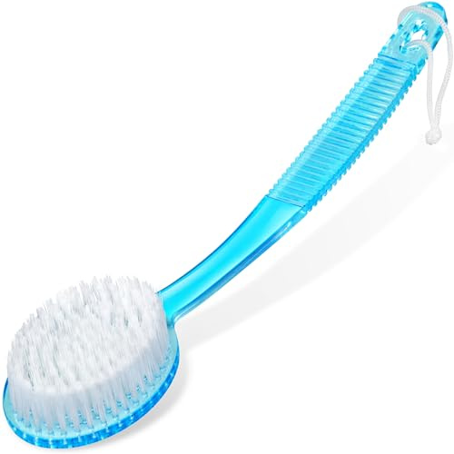 DecorRack Badborste med långt handtag, exfolierande kroppsborste för rygg och fötter, duschborste för peeling, massage och hudvård, torrborste för alla hudtyper, 1 styck (blå)