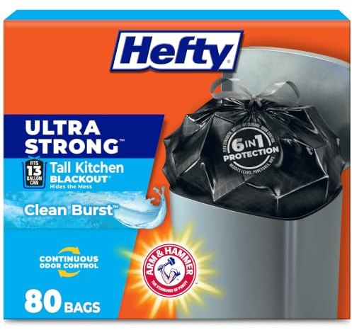 Hefty Ultra Strong 13 Gal Kitchen Trash Bags, Black, Clean Burst, 80ct