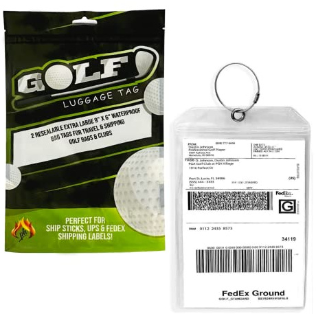 Golf Luggage Tag - Set of 2 Bag Tags Set Extra Large 9 x 6 - Plastic Waterproof Zipper Pouch - PVC Baggage Tag Sleeve for Travel & Shipping Golf Bag - Sealable Personalized Ship Sticks Insert