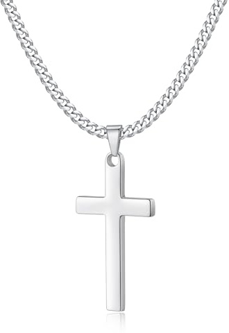 Cross Necklace for Men - Silver Cross Chain Mens Necklace Stainless Steel Cuban Link Chain Pendant Necklaces Jewelry Fathers Day Baptism Gifts for Dad Husband Grandpa Christian Religious Gifts for Men