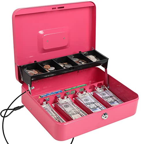 Parrency Cash Box with Key Lock, Lock Box Safe Storage Security Locker with Security Cable, Durable Metal Cash Box with Money Tray, 11.8 x 9.5 x 3.5, K-Soft Pink