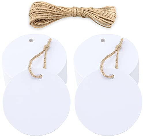 50Pcs Etiquetas de Papel Kraft Redondas 5,5cm, Etiquetas Regalo + 10M Cuerda de Yute, para Boda Baby Shower Navidad Artesanía (Blanco)