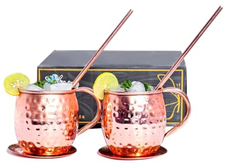 Airina Homestyle Moscow Mule Becher 2er Set, Gehämmerte 2 Kupferbecher mit 2 Strohhalme und 2 Untersetzern