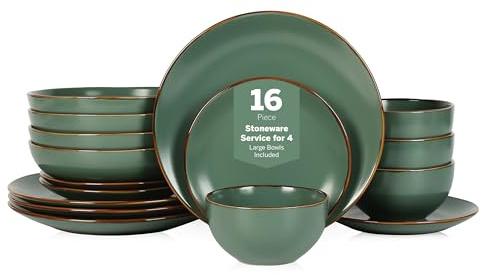 Stone Lain Brasa Modern Stoneware 16 Piece Dinnerware Sets, Plates and Bowls Sets, Dish Set for 4, Green