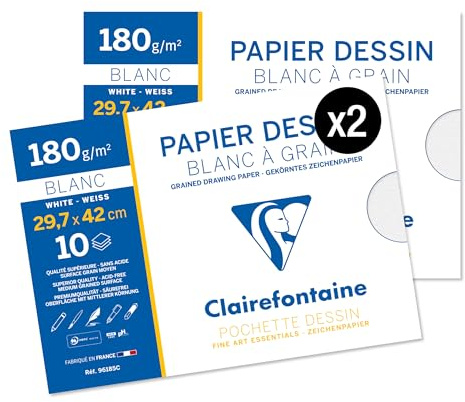 Clairefontaine 96185AMZC - Un lot de 2 Pochettes Dessin Scolaire - 10 Feuilles Papier Dessin Blanc à Grain - A3 29,7x42 cm 180g - Idéal pour les Arts Plastiques