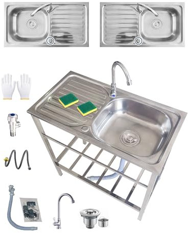 Évier De Cuisine Extérieur En Acier avec Robinet, évier Utilitaire Autoportant En Acier Inoxydable 75x40xH75cm évier De Restaurant Commercial Facile à Laver pour Arrière-Cour/Buanderie/Sous-Sol