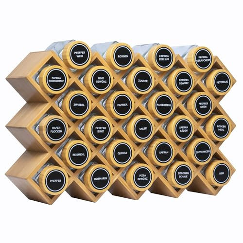 Adabor Gewürzregal aus Bambus Holz stehend oder für Schublade - Spice Rack Gewürz Organizer mit 27 Gläsern - Gewürzgläser mit Bambusdeckel+ Streueinsätze+ 144 Etiketten+ Stift für Gewürzaufbewahrung
